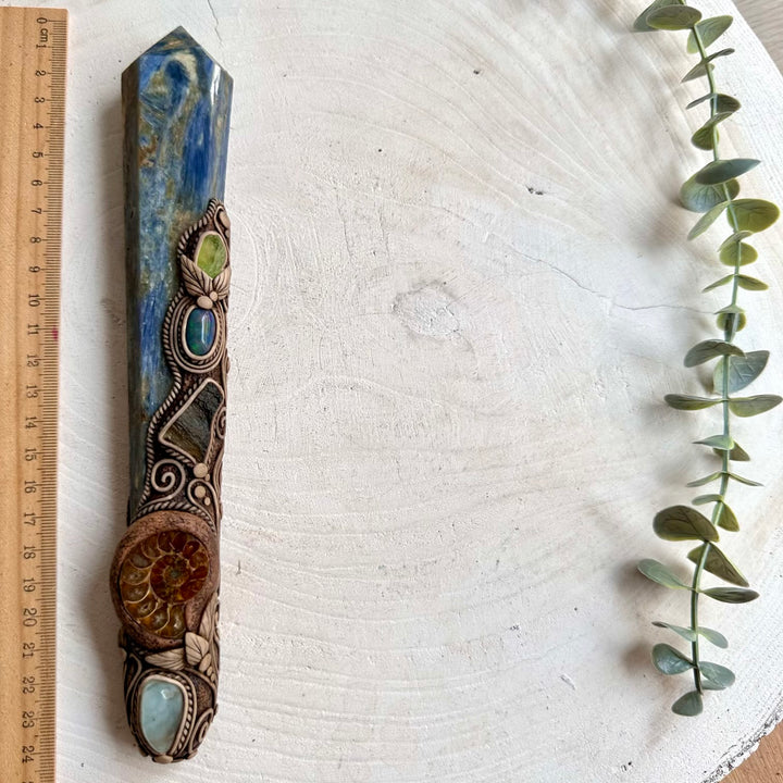Handmade Blue Kyanite crystal wand with Ammonite, Aquamarine, Raw Moldavite, Black Ethiopian Opal and Peridot.