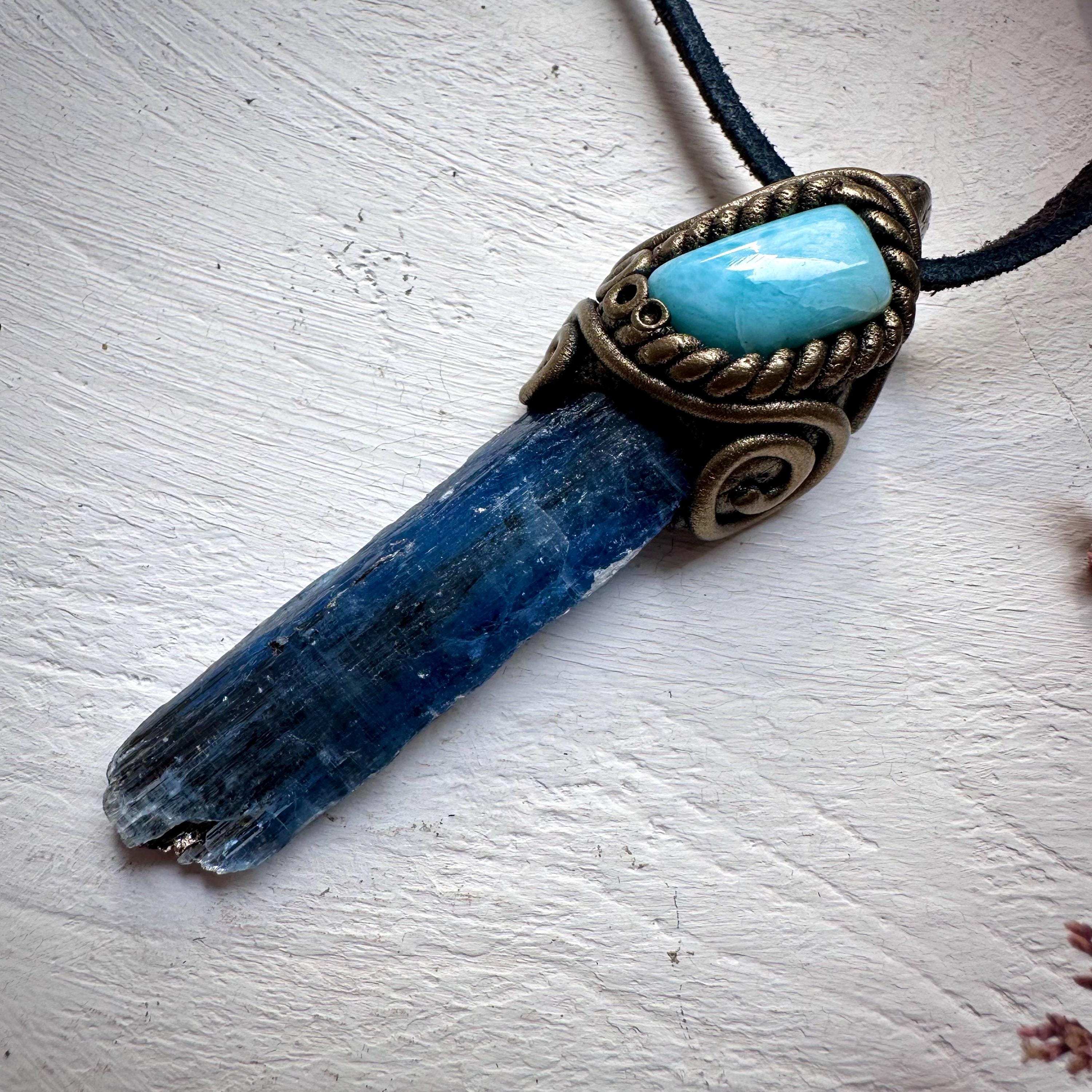 Blue Kyanite and Larimar Pendant Necklace - FairyGardenGlow