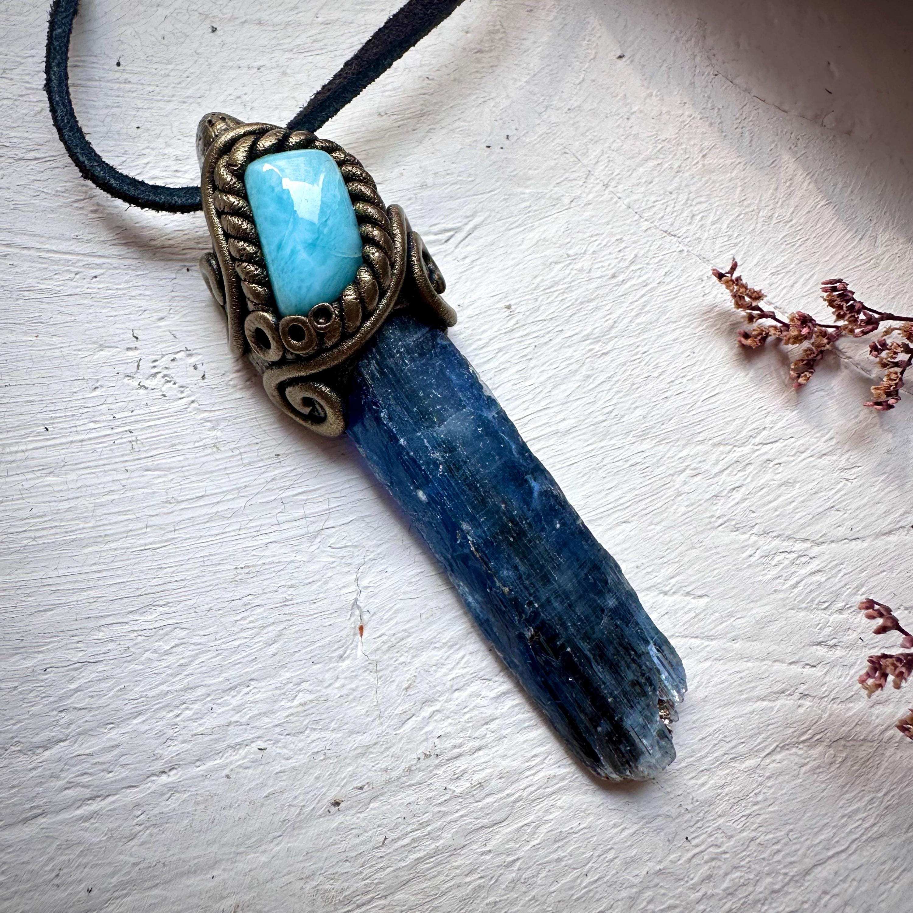 Blue Kyanite and Larimar Pendant Necklace - FairyGardenGlow