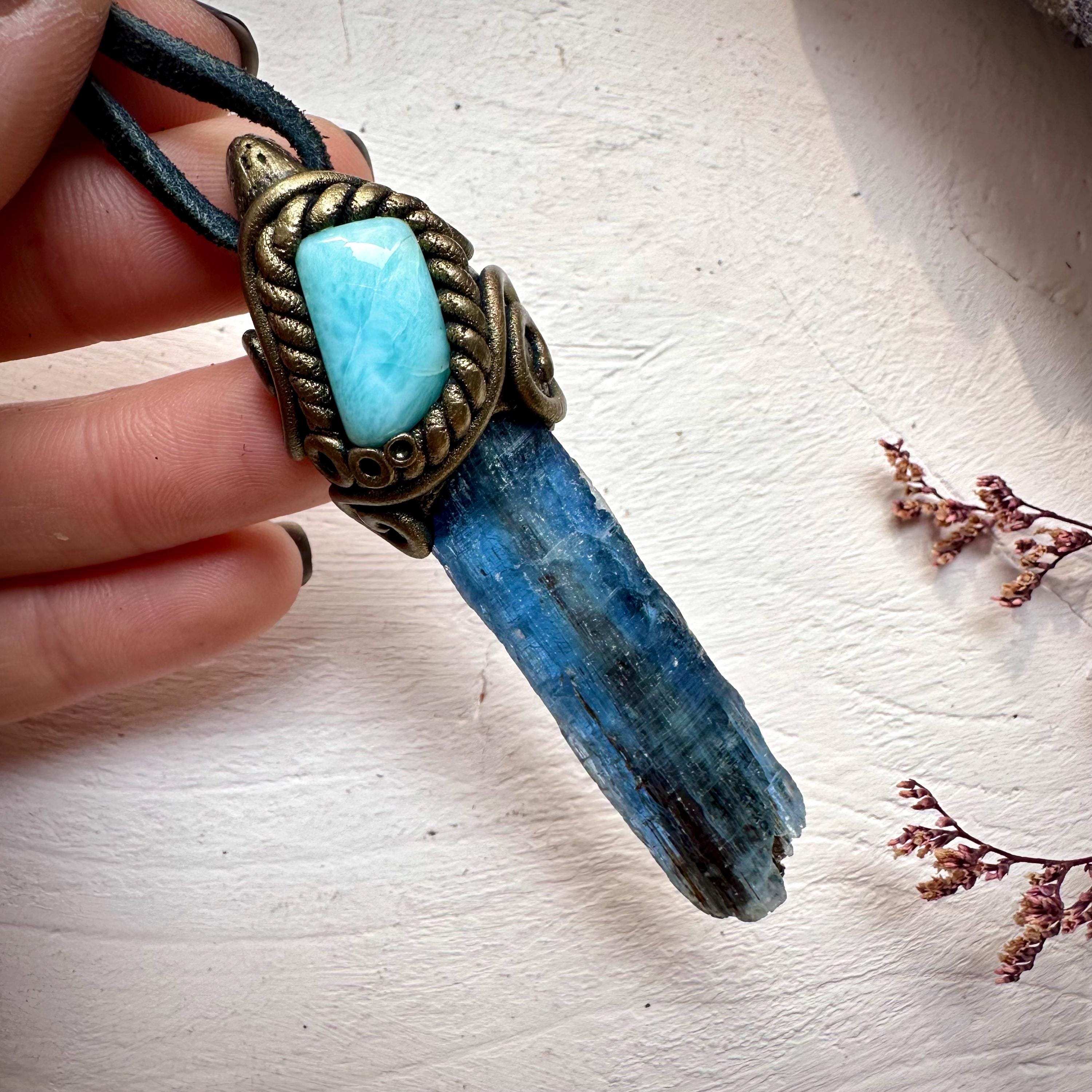 Blue Kyanite and Larimar Pendant Necklace - FairyGardenGlow