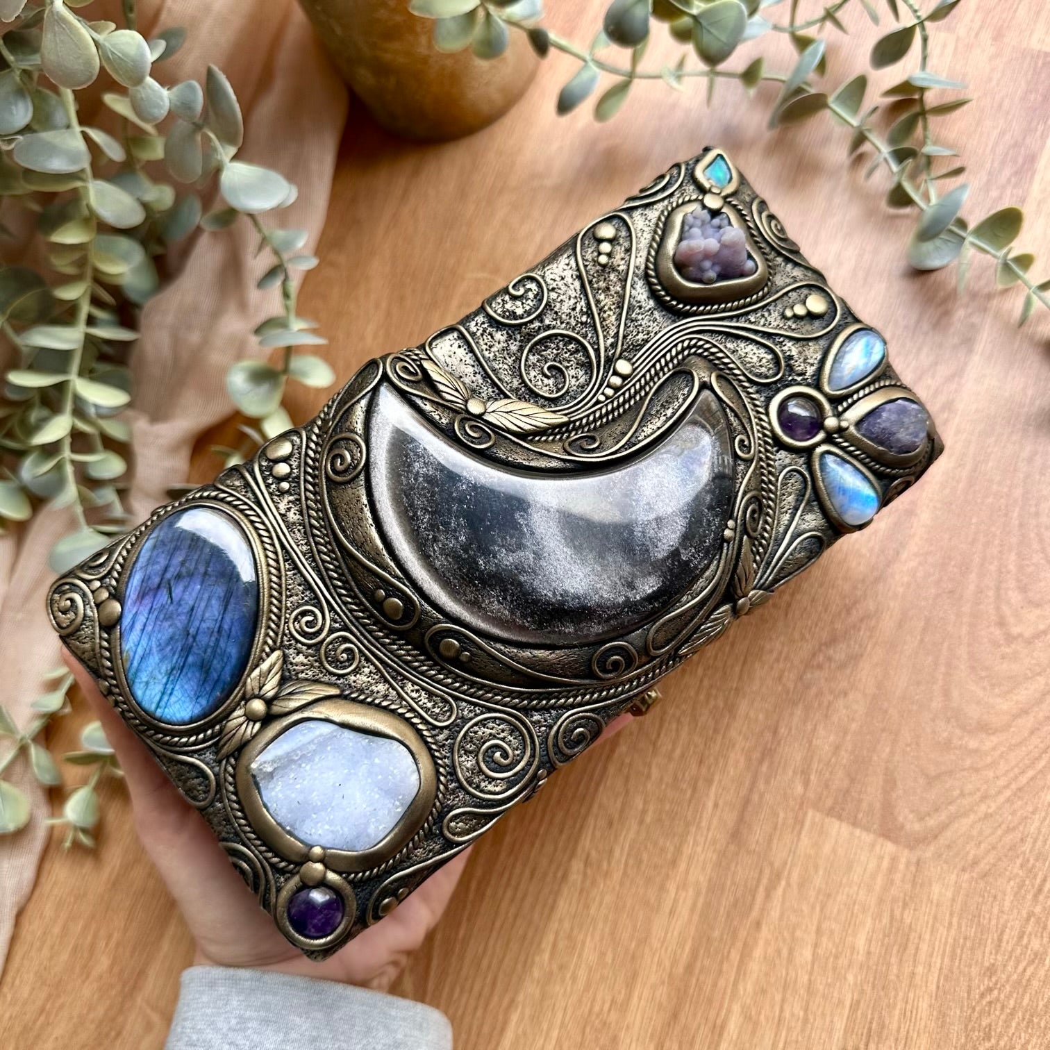 Crystal decorated wooden box with obsidian moon blue labradorite and rainbow moonstone