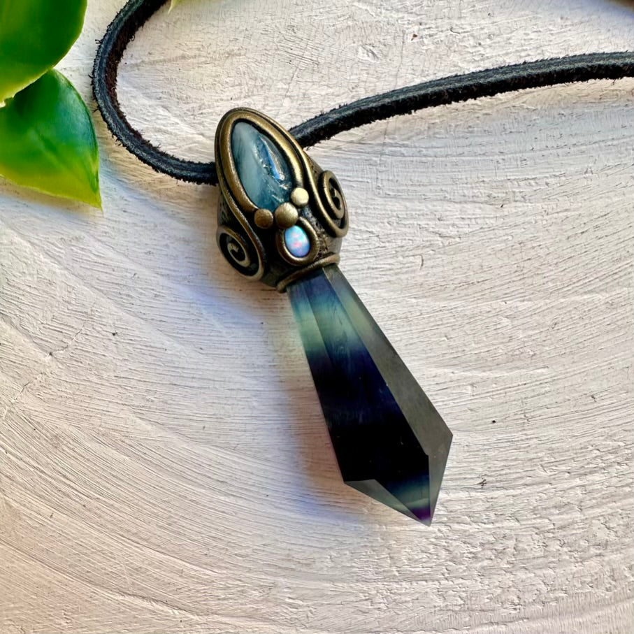 Blue Rainbow Fluorite, Aquamarine and Australian Opal pendant necklace