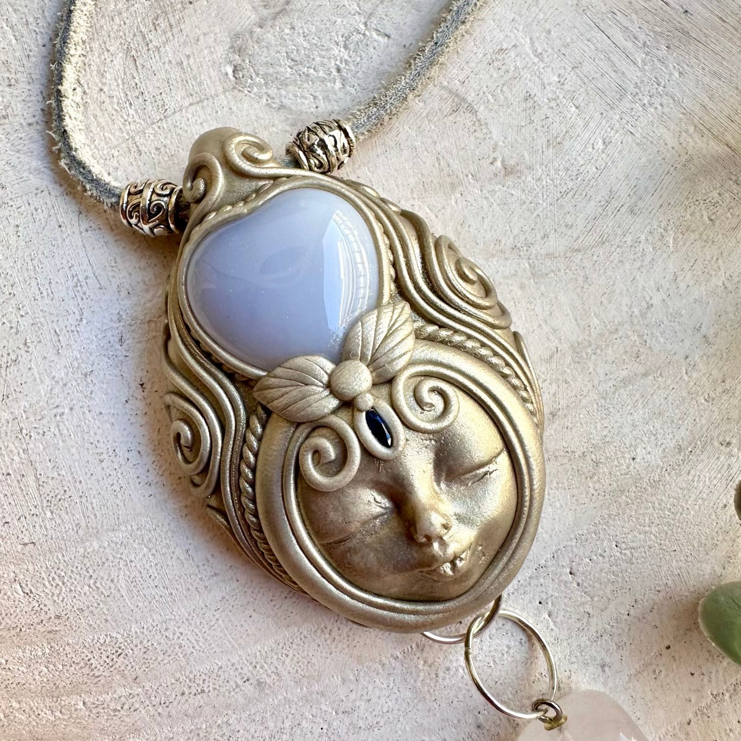 Spiritual Goddess necklace handcrafted with Blue Chalcedony, Clear Quartz and Blue Sapphire.