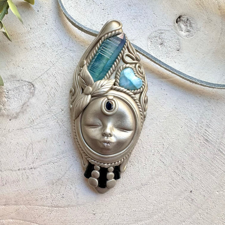 Energy pendant goddess necklace with aqua aura quartz and larimar heart