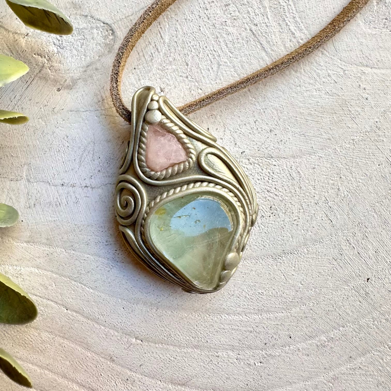 Blue topaz and raw morganite pendant necklace