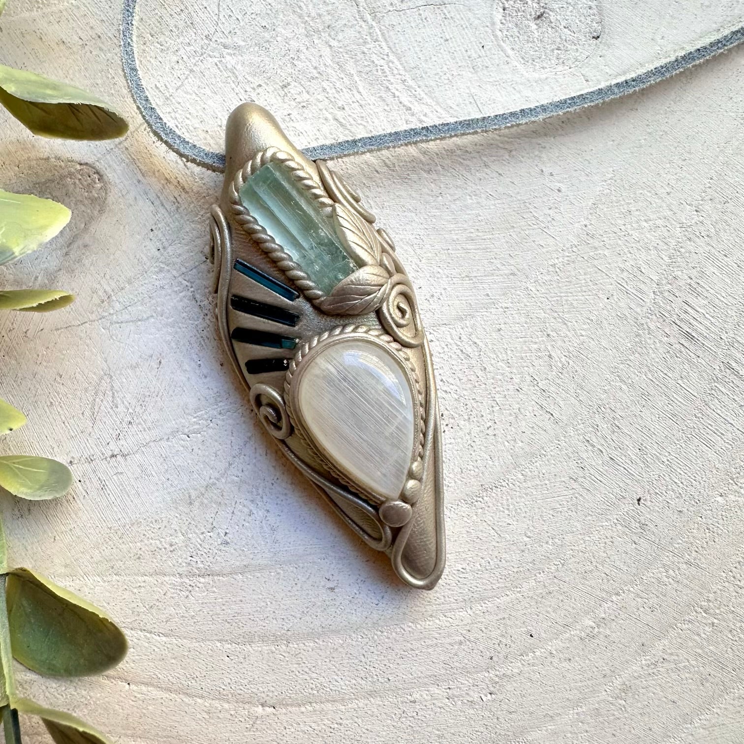 Handmade necklace with aquamarine moonstone and blue tourmaline