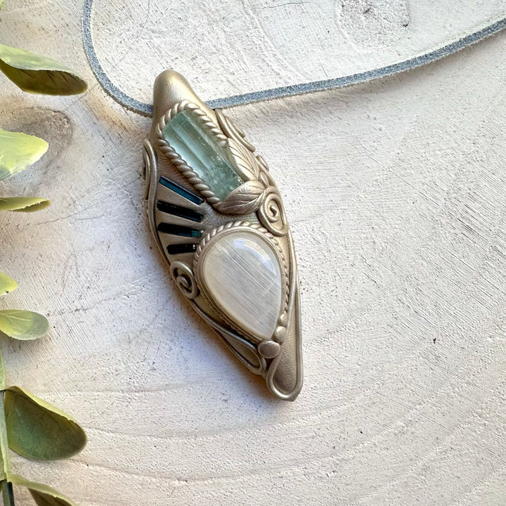 Handmade necklace with aquamarine moonstone and blue tourmaline