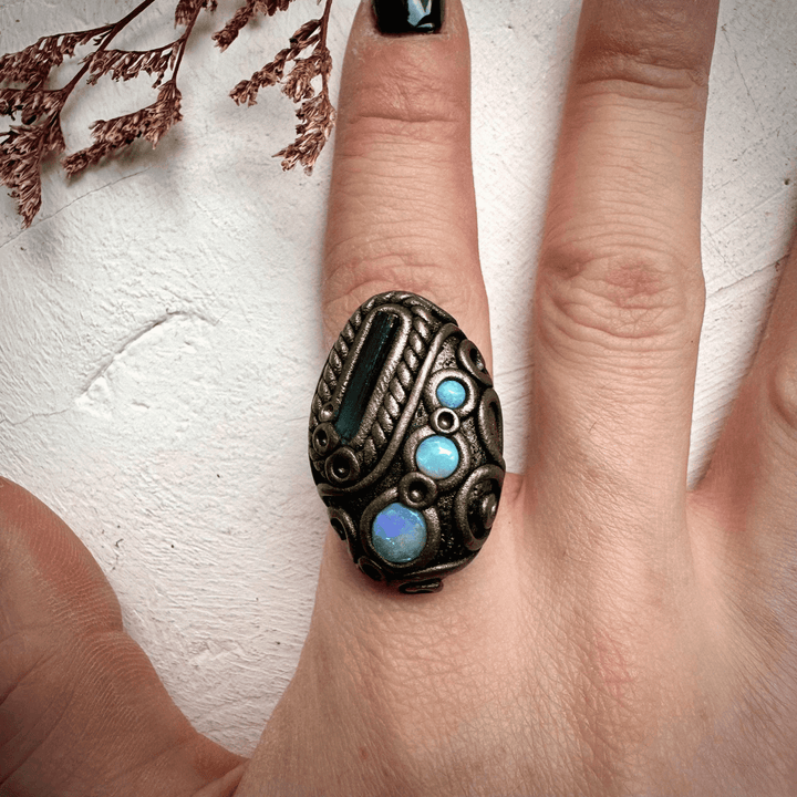Blue Tourmaline and Australian Opal Ring - FairyGardenGlow