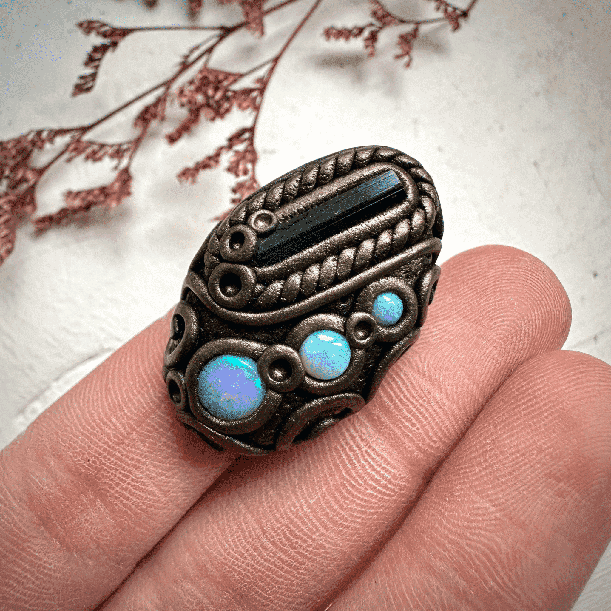 Blue Tourmaline and Australian Opal Ring - FairyGardenGlow