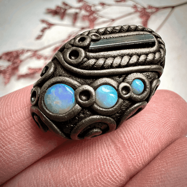 Blue Tourmaline and Australian Opal Ring - FairyGardenGlow
