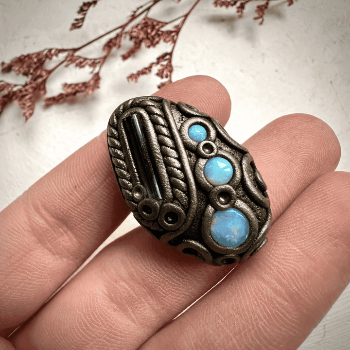 Blue Tourmaline and Australian Opal Ring - FairyGardenGlow
