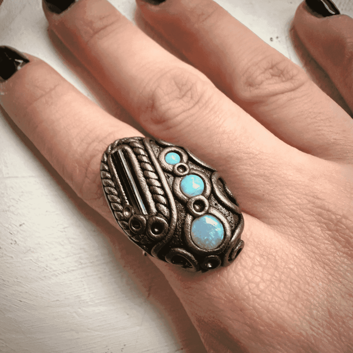Blue Tourmaline and Australian Opal Ring - FairyGardenGlow