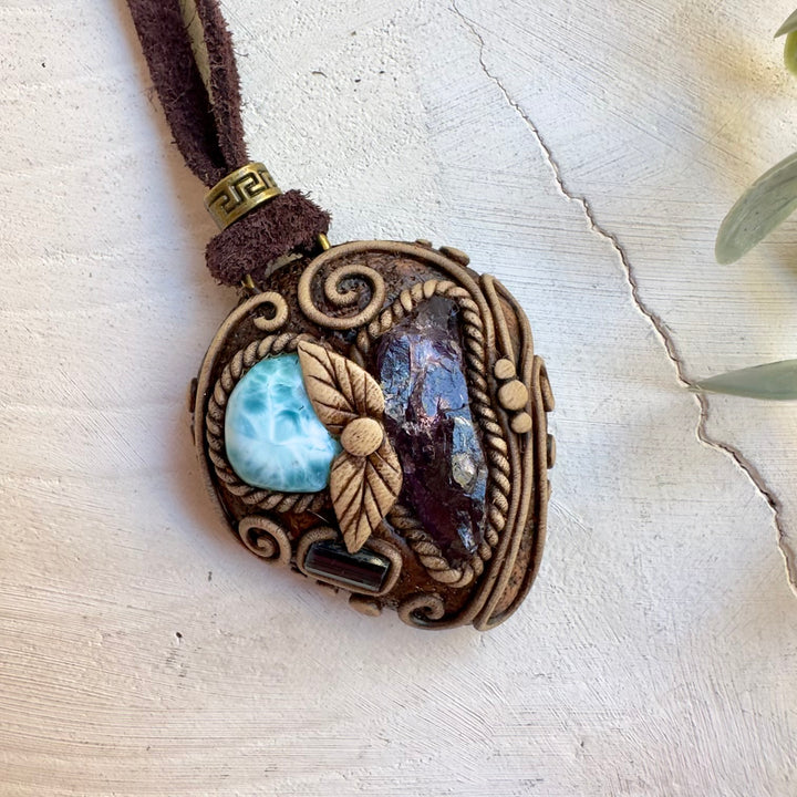 Blue gemstone necklace with Larimar and Scapolite crystals