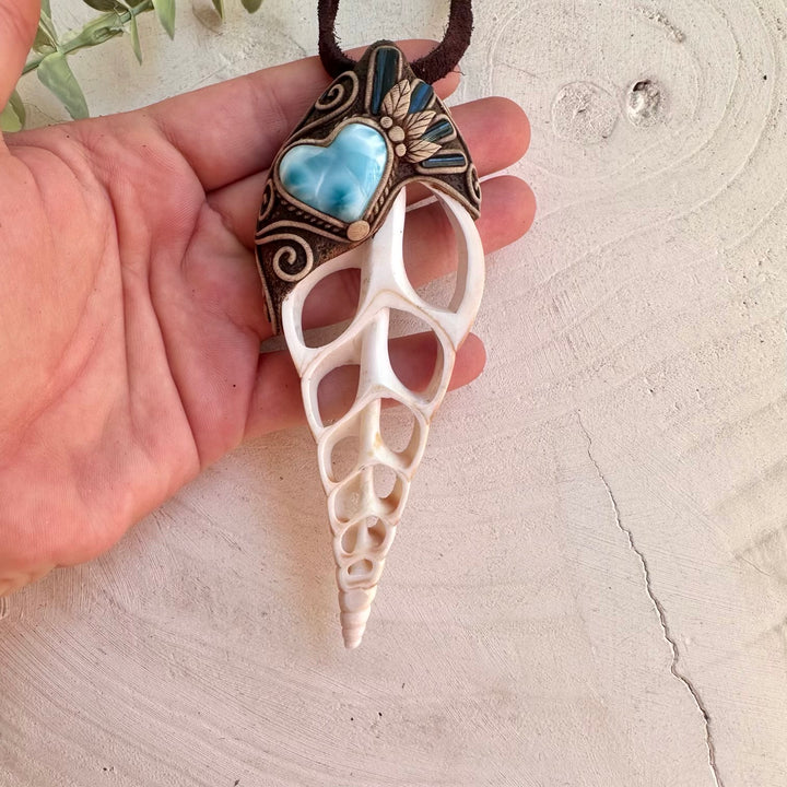 Natural Arabian Tibia shell slice with Larimar heart pendant