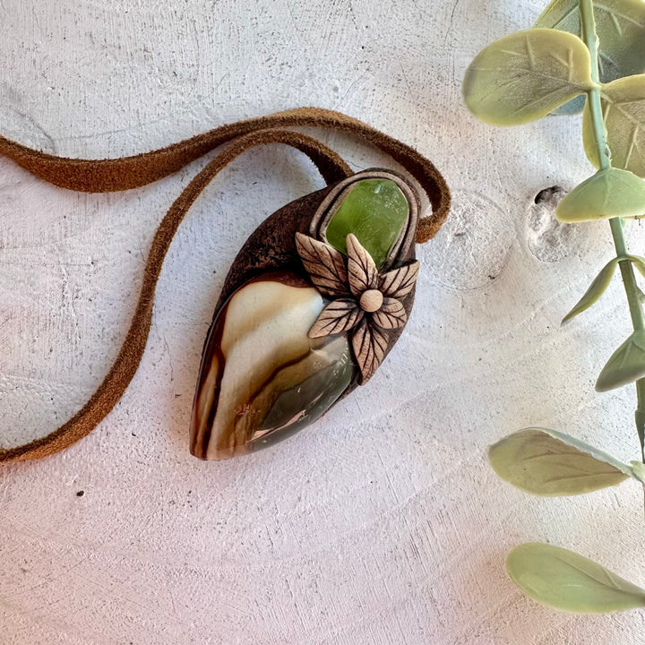 Healing crystal necklace with colorful Polychrome Jasper and Peridot