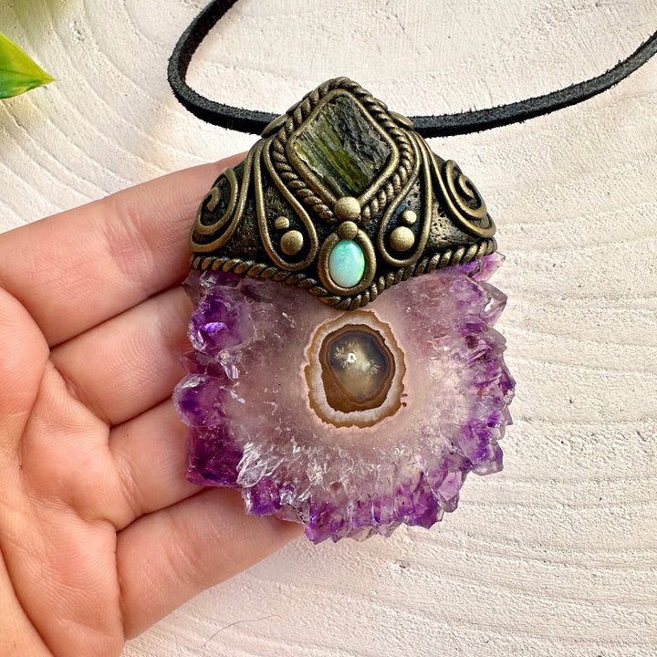 Statement crystal pendant with Amethyst Stalactite, Moldavite and Australian Opal