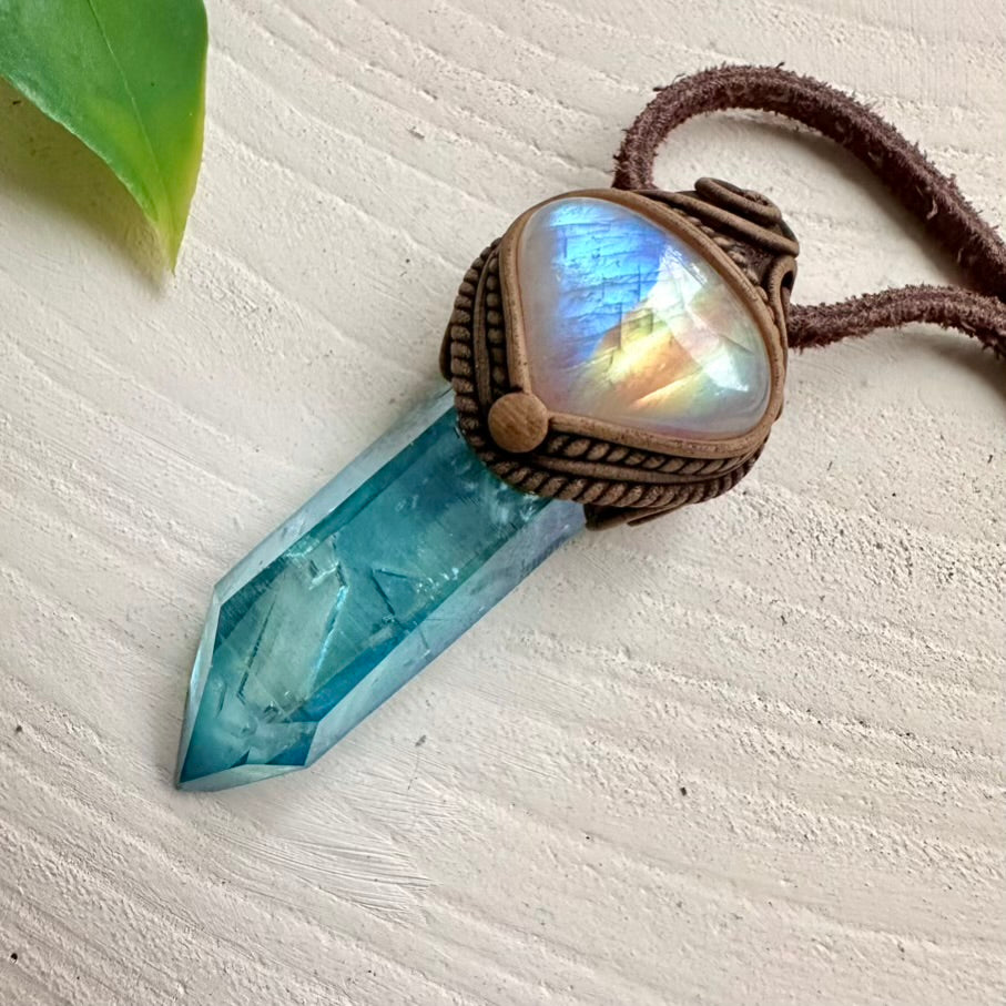 High-vibration necklace with Aqua Aura Quartz and Moonstone gemstone