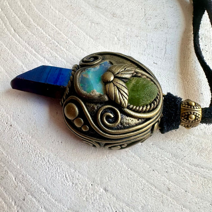Unisex crystal pendant necklace made with Cobalt Aura Quartz, Peridot and genuine natural stones.