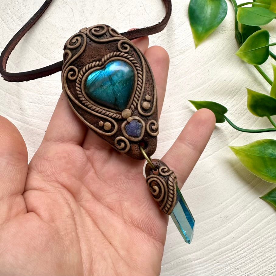Labradorite Aqua Aura Quartz and Tanzanite Necklace, Handmade Boho Pendant - FairyGardenGlow