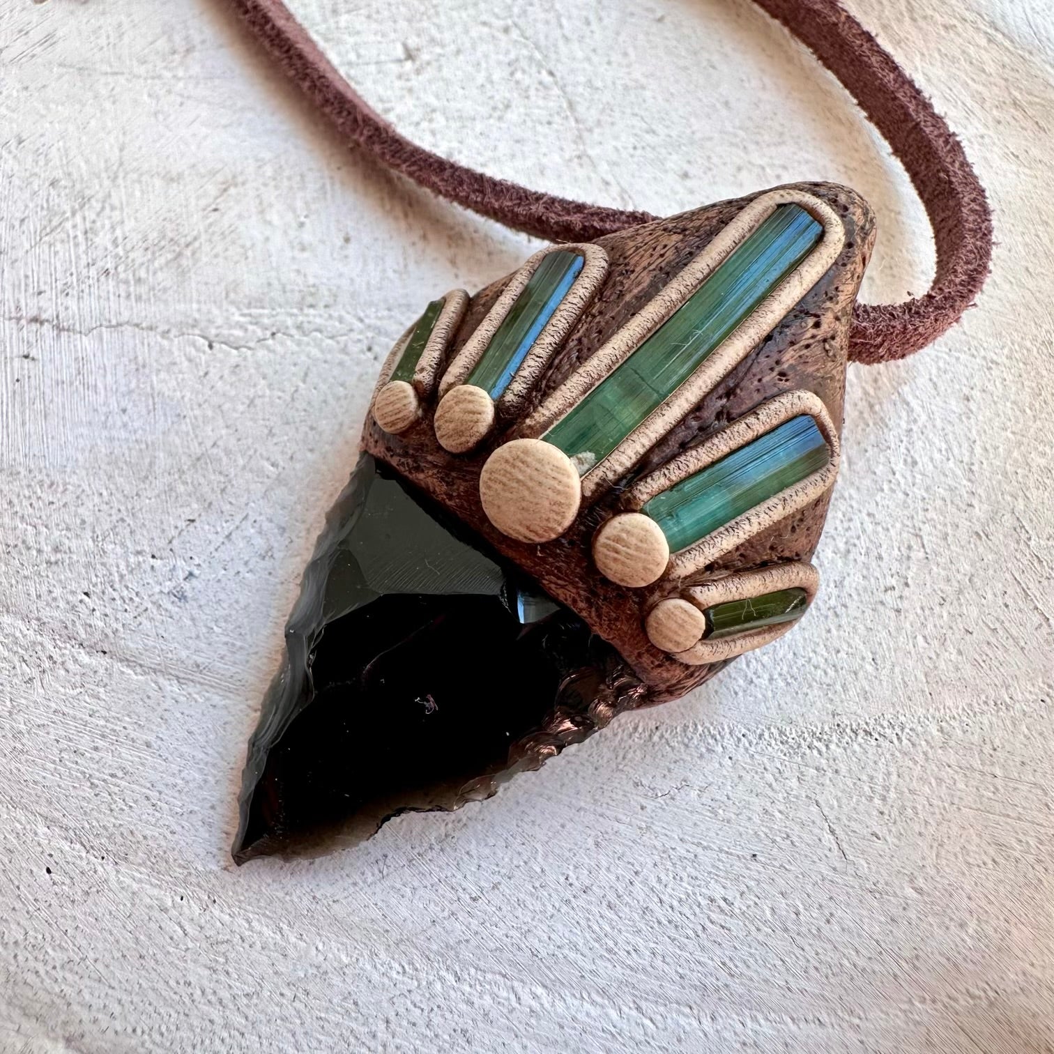 One of a kind crystal pendant necklace with natural Obsidian and Tourmaline
