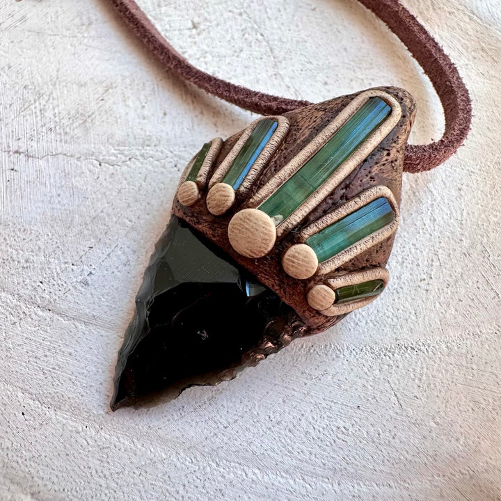 One of a kind crystal pendant necklace with natural Obsidian and Tourmaline