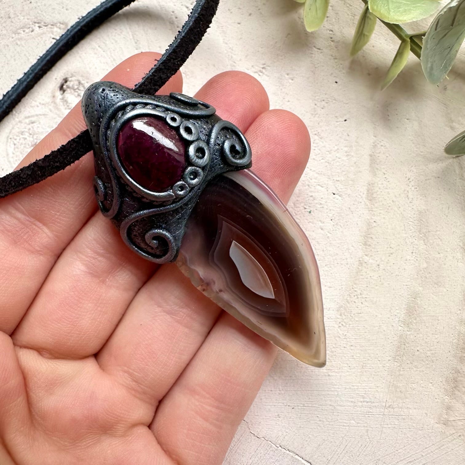 Unique ruby botswana agate crystal pendant necklace
