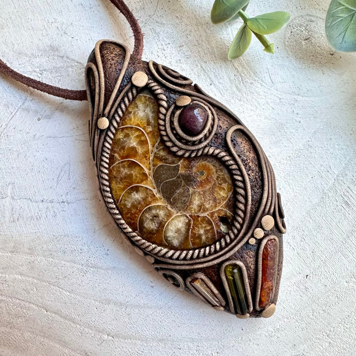 Energy pendant with ammonite and red garnet unique handmade crystal jewelry