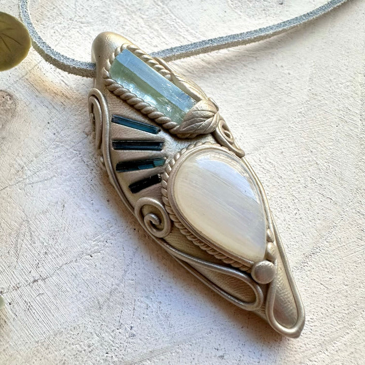 One of a kind aquamarine and moonstone gemstone necklace