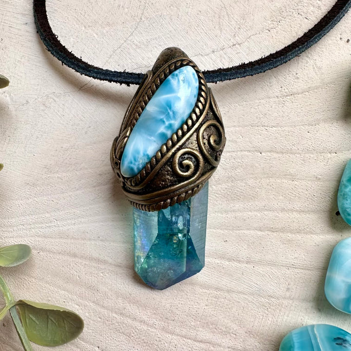 Unique larimar crystal pendant necklace