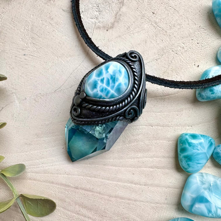 Aura quartz paired with larimar in a necklace