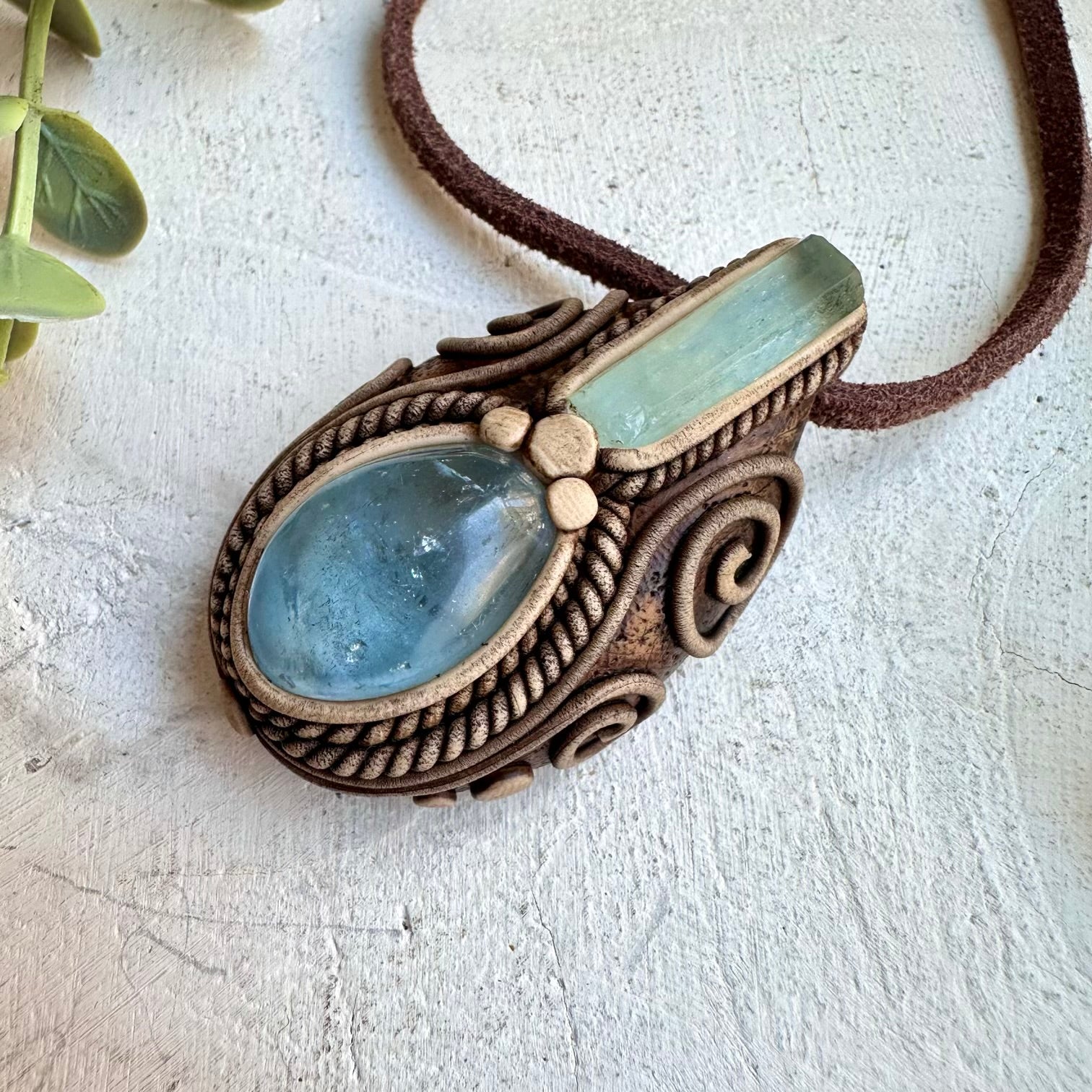 Energy pendant with celestite and aquamarine