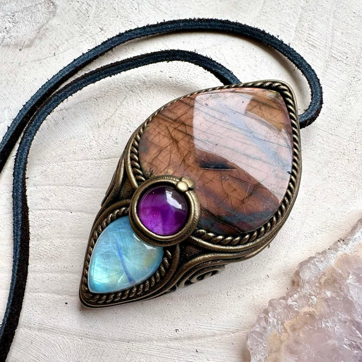 Energy pendant with sunset labradorite and moonstone
