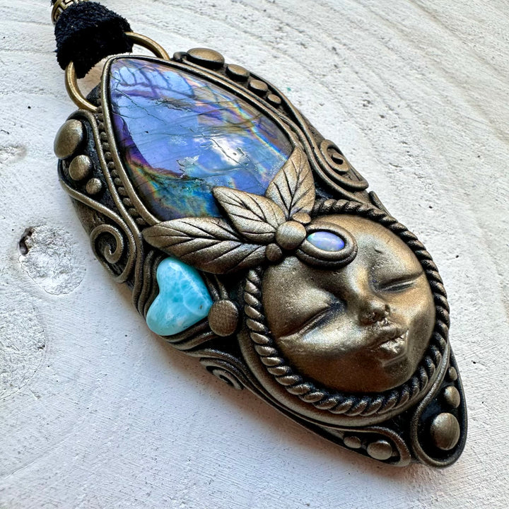 Energy pendant goddess necklace with labradorite and larimar heart