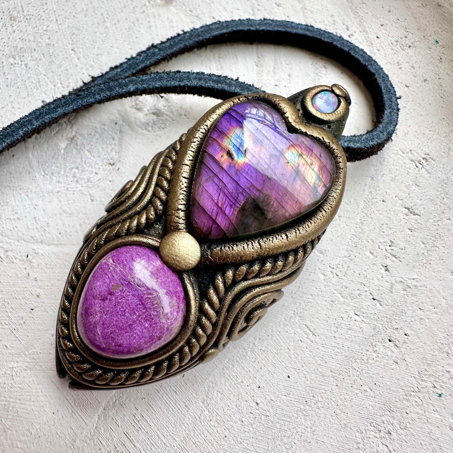 Energy pendant with labradorite heart stichtite and opal gemstone