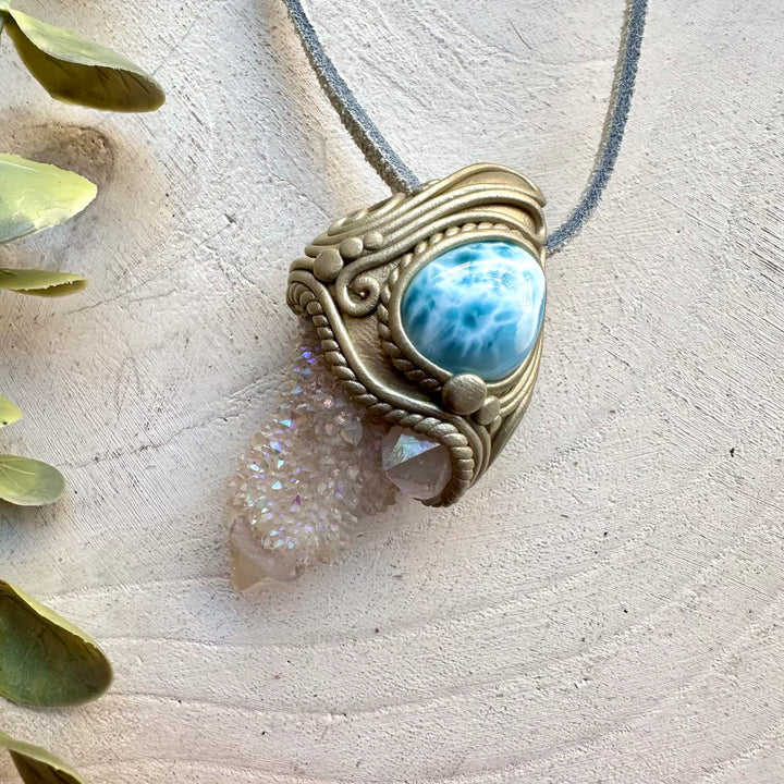 Handmade talisman necklace with larimar and angel aura quartz