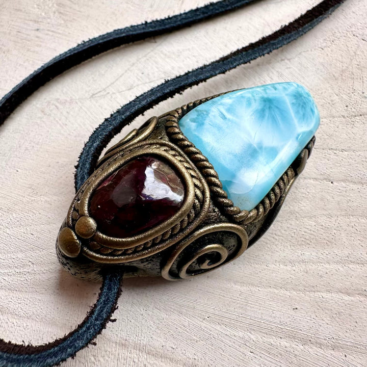 Handmade talisman necklace with larimar and rhodolite garnet