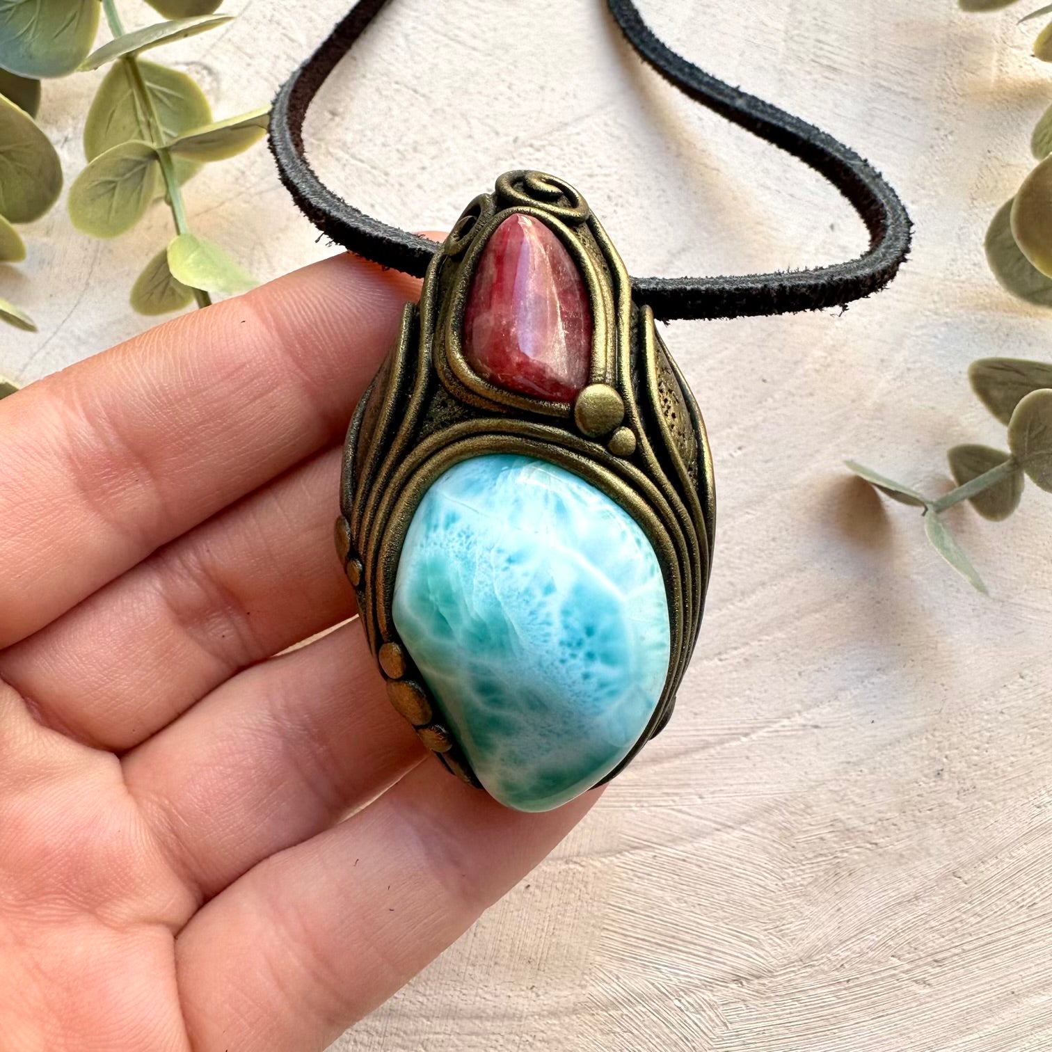 Natural gemstone necklace with larimar and rhodonite