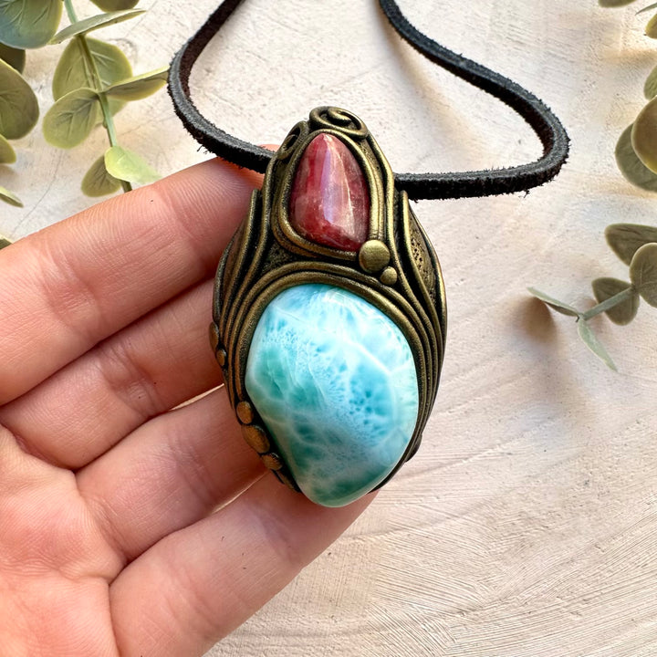 Natural gemstone necklace with larimar and rhodonite