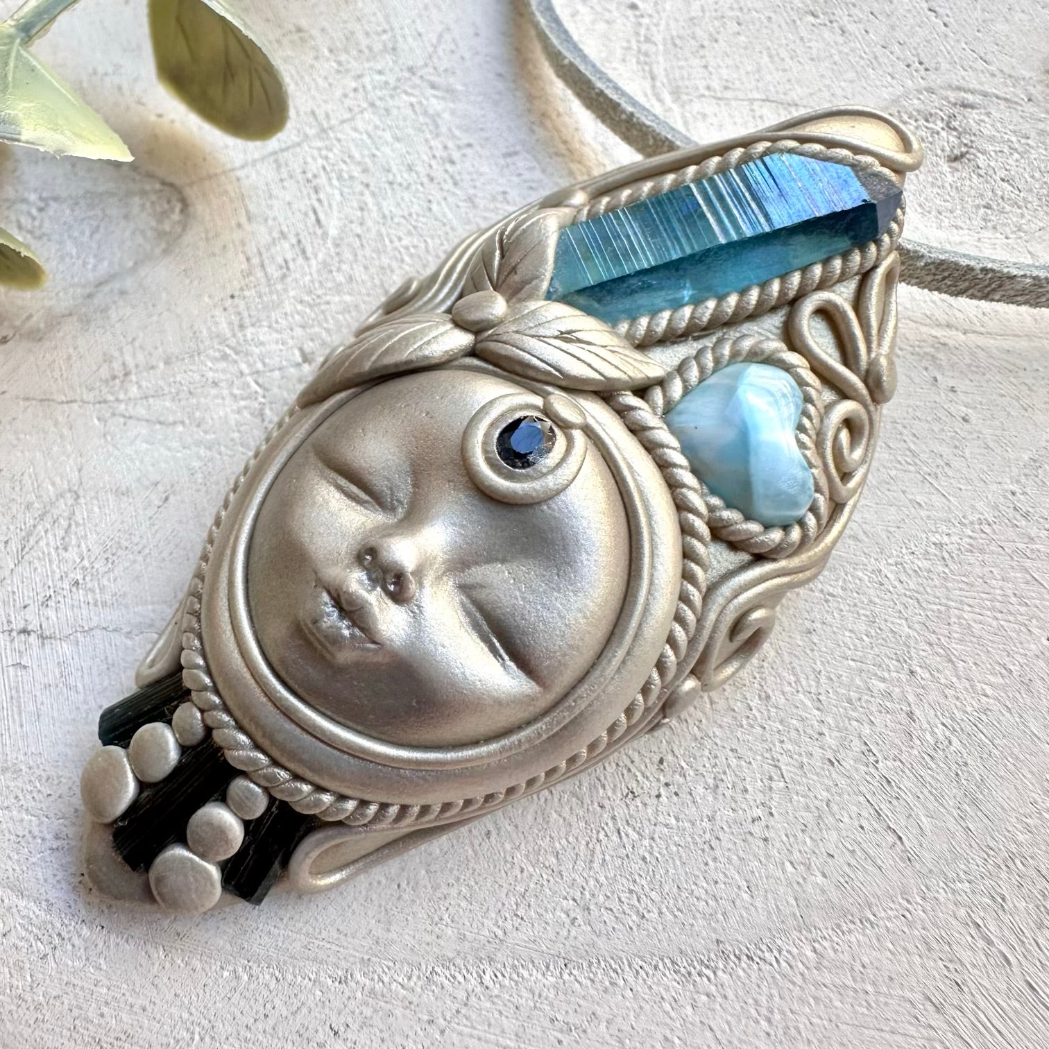 Energy pendant goddess necklace with aqua aura quartz and larimar heart