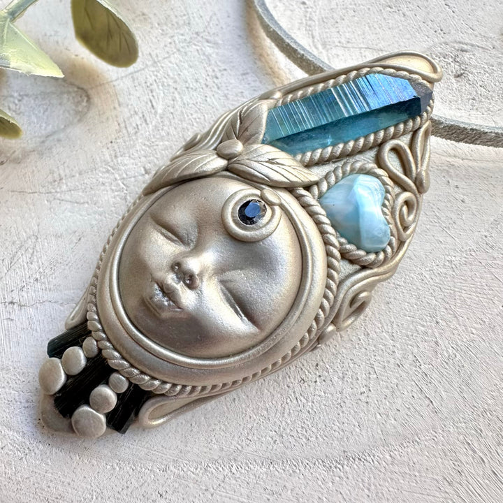 Energy pendant goddess necklace with aqua aura quartz and larimar heart