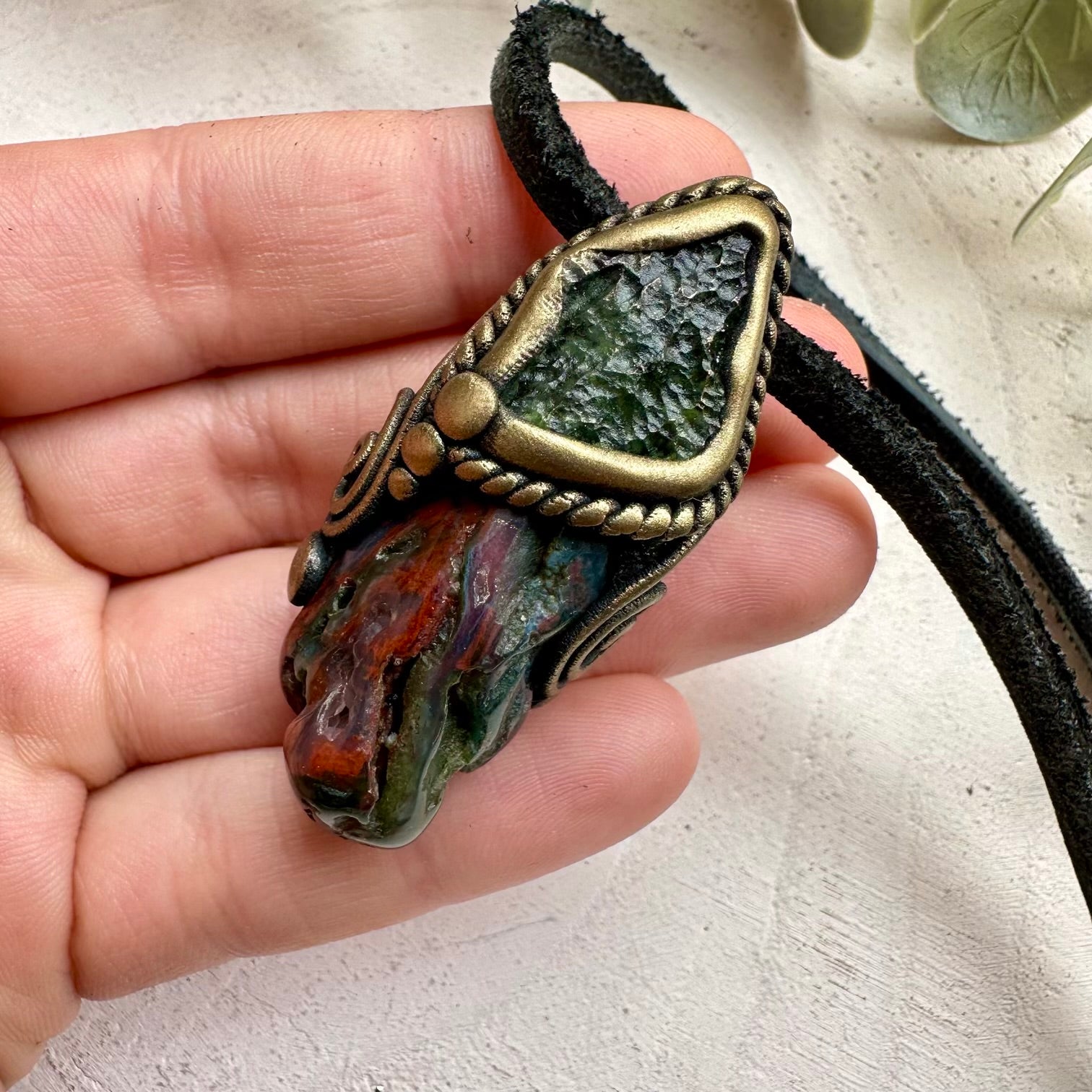 Energy pendant with moldavite and bloodstone