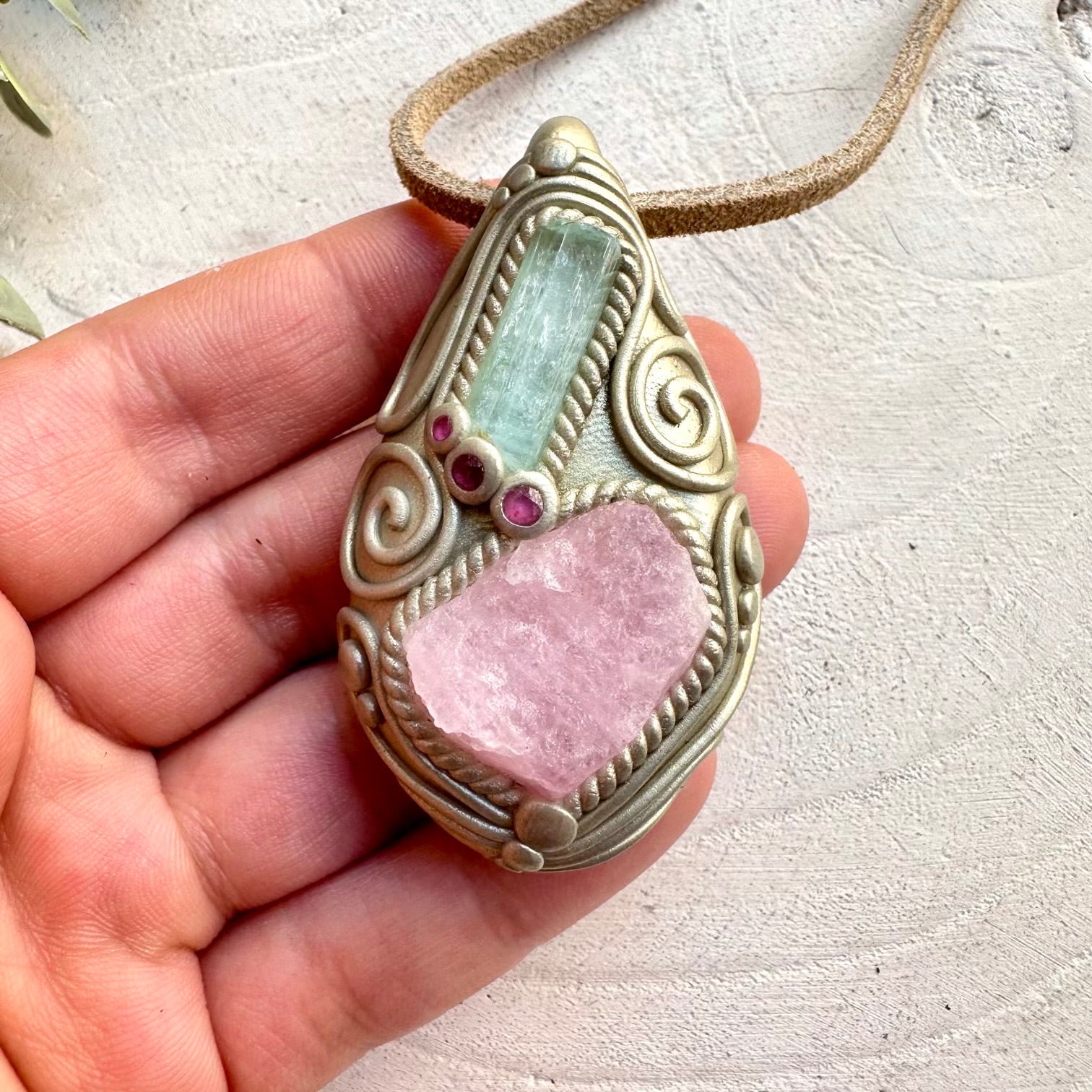 Energy pendant with morganite aquamarine and ruby