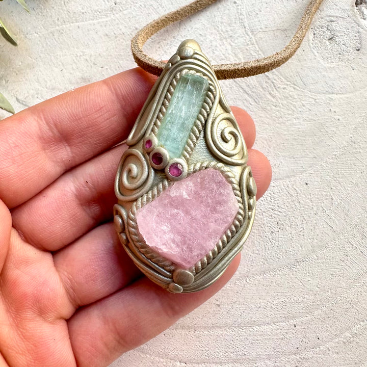 Energy pendant with morganite aquamarine and ruby