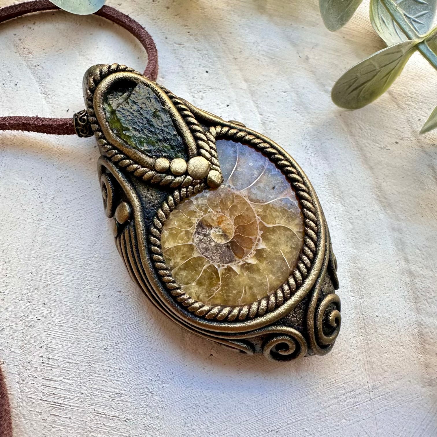 Moldavite and ammonite unisex spiritual jewelry