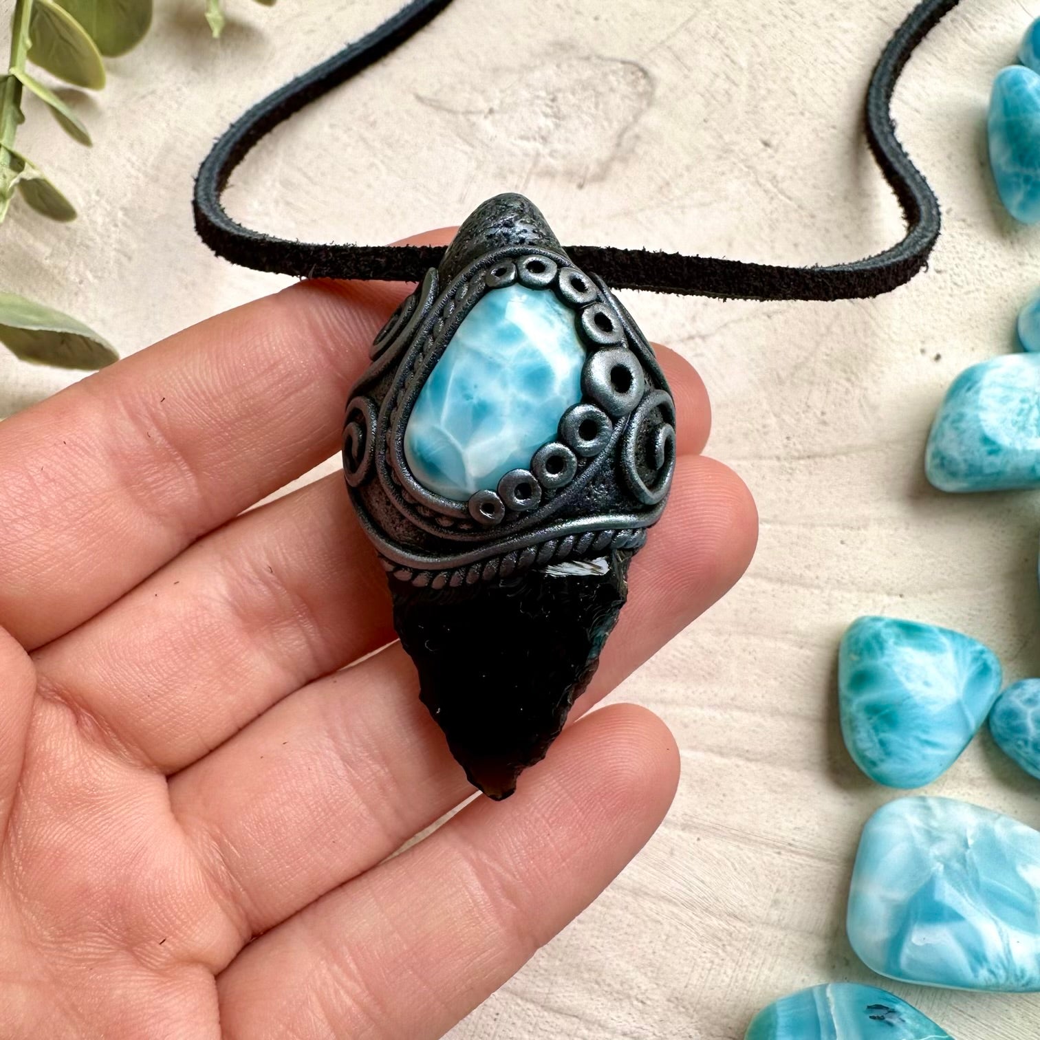 Protection necklace with black obsidian and larimar