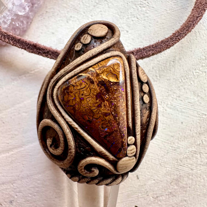 Unique boulder opal crystal pendant necklace