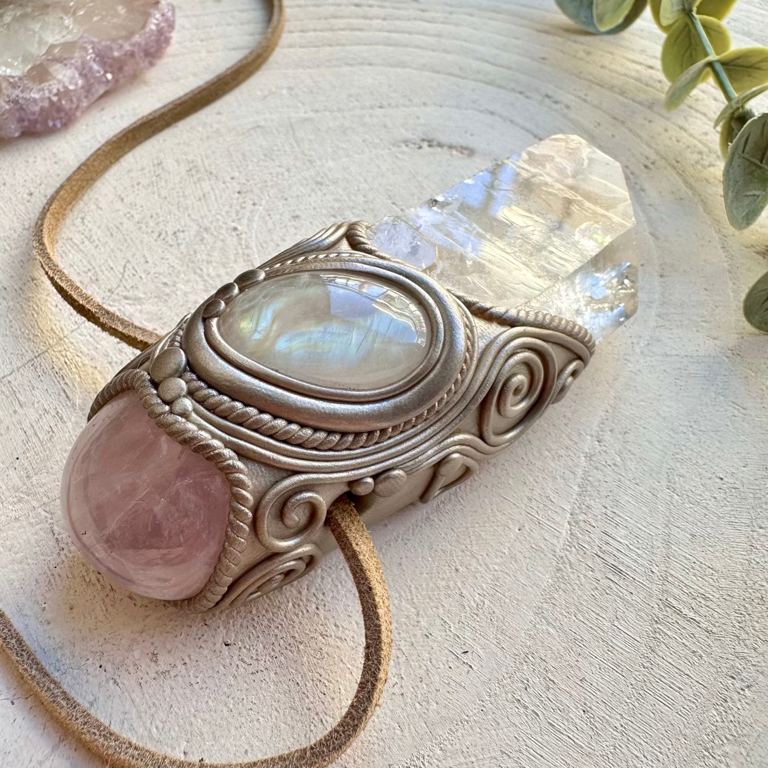 Spiritual jewelry combining quartz rose quartz and moonstone