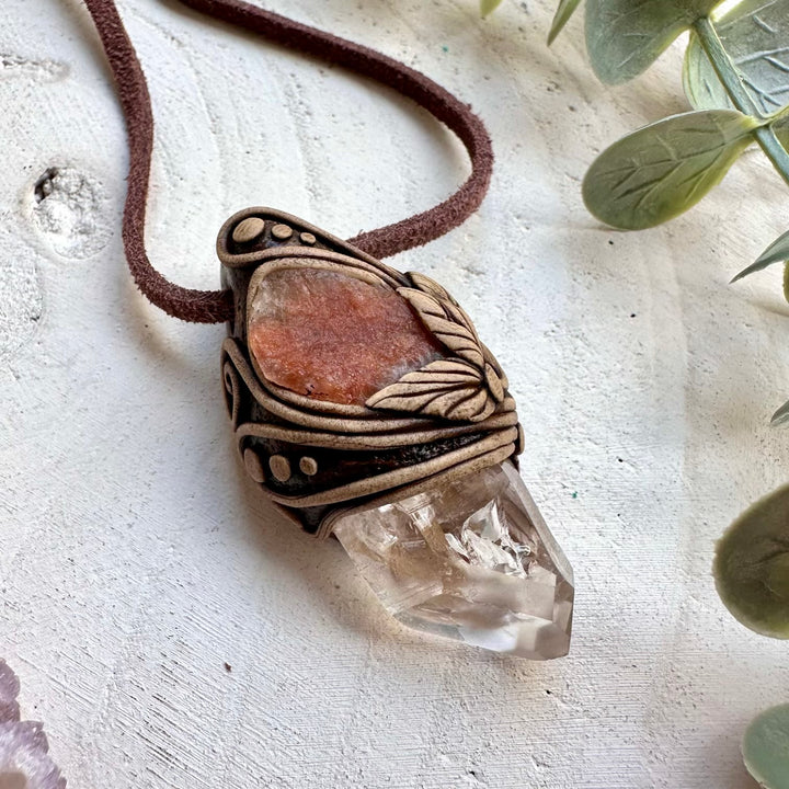 Natural gemstone necklace with lemurian quartz and sunstone