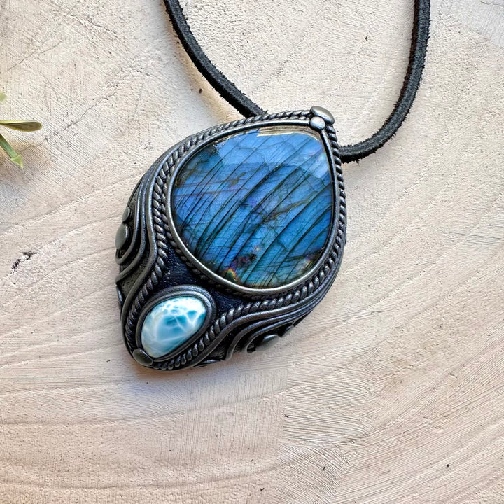 Unique larimar crystal pendant necklace