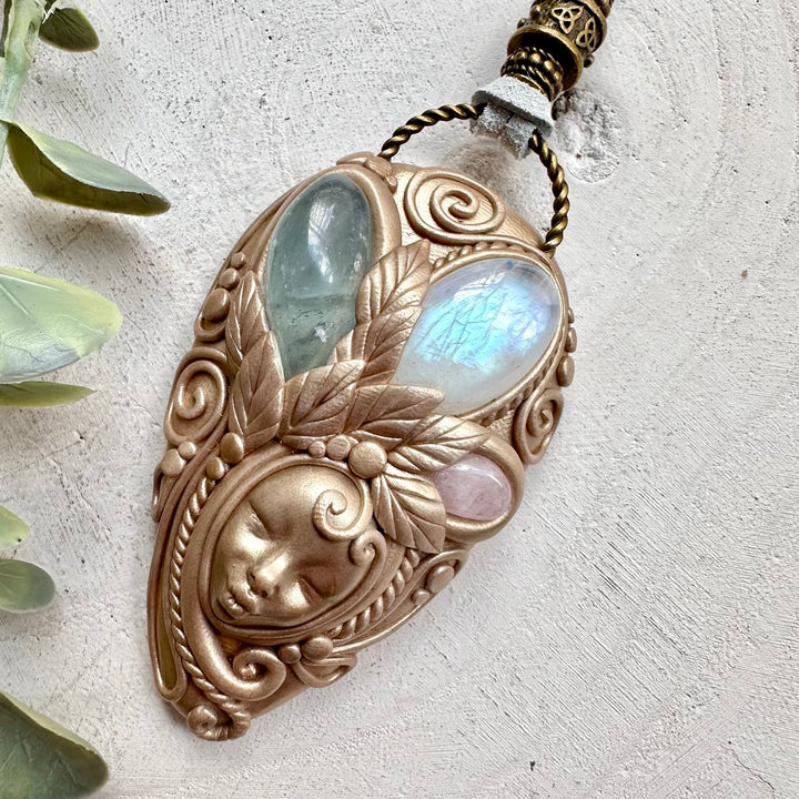 Spiritual jewelry combining moonstone celestite and morganite